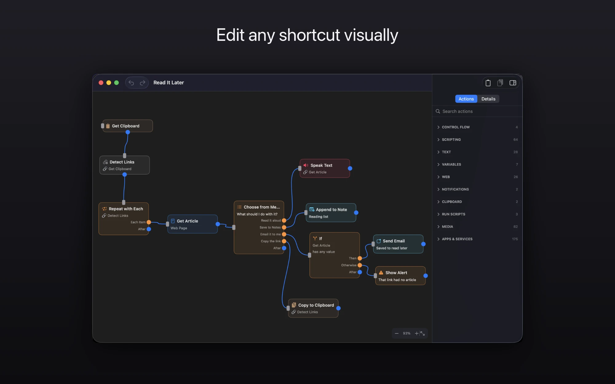 Editing a Read It Later shortcut on the Shortcuts Editor canvas, with the searchable action library in the sidebar