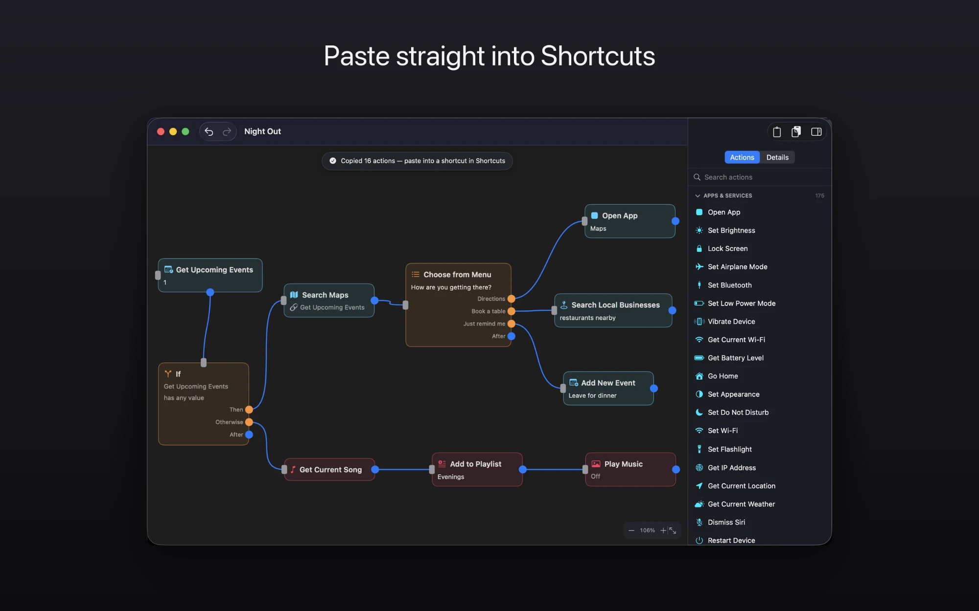 Shortcuts Editor confirming that 16 actions were copied and are ready to paste into a shortcut in Apple's Shortcuts app