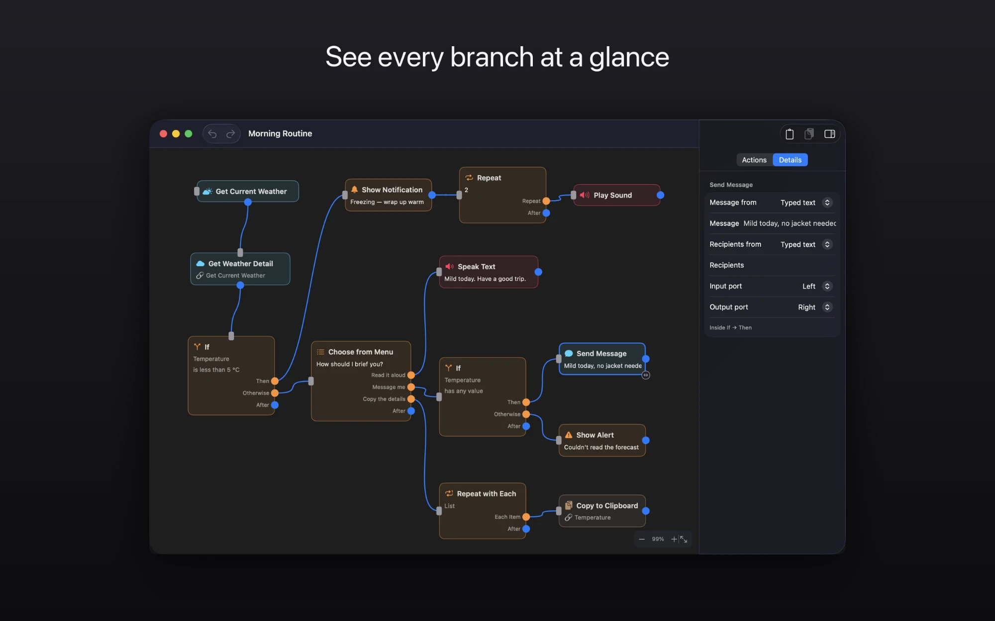 An Apple Shortcut with nested If, Choose from Menu and Repeat actions laid out as a flowchart in Shortcuts Editor, with each branch on its own path